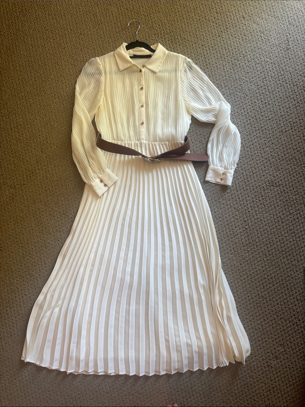 Zara Cream Pleated Long-Sleeve Shirt Dress with Belt & Gold detail